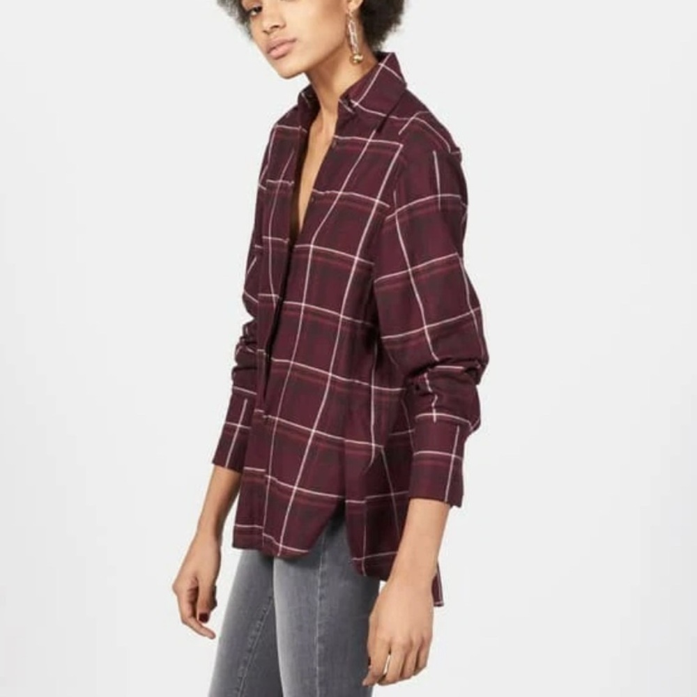 PAIGE Joss Oversized Plaid long sleeve button up shirt maroon women’s size large